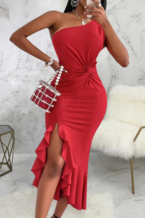 Vestido de noche irregular con un hombro al descubierto y diseño sexy de patchwork de color sólido con bordes con volantes