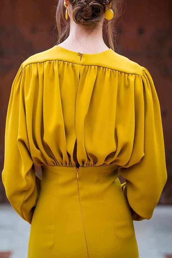 Elegante vestido de un solo paso con escote en V plisado en color sólido para vestido de noche