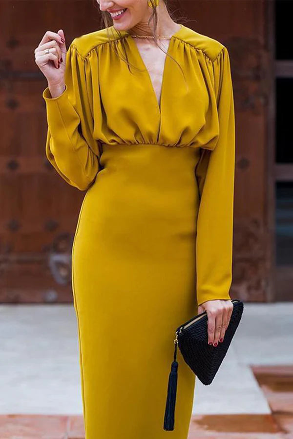 Elegante vestido de un solo paso con escote en V plisado en color sólido para vestido de noche