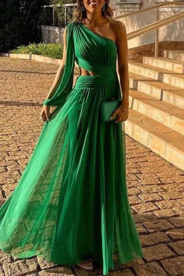 Emerald One Shoulder A-Line Chiffon Bridesmaid Dress