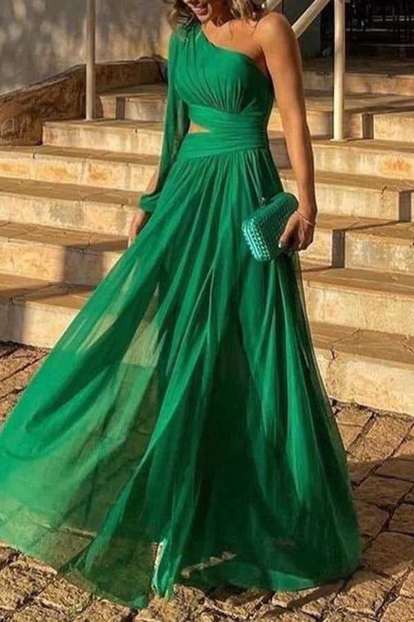 Vestido de noche sexy de cuello diagonal con parches de color sólido y atuendo formal