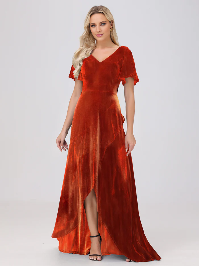 Vestido de dama de honor largo hasta el suelo, de terciopelo, con volantes y manga corta y escote en V