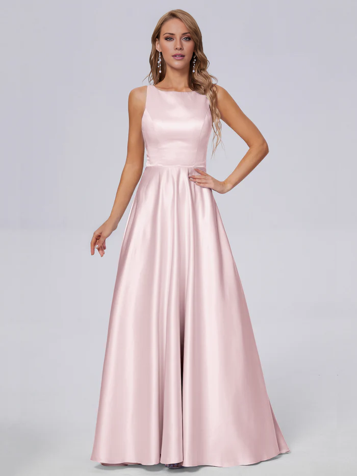 Sleeveless satin long and floor length bridesmaid dress