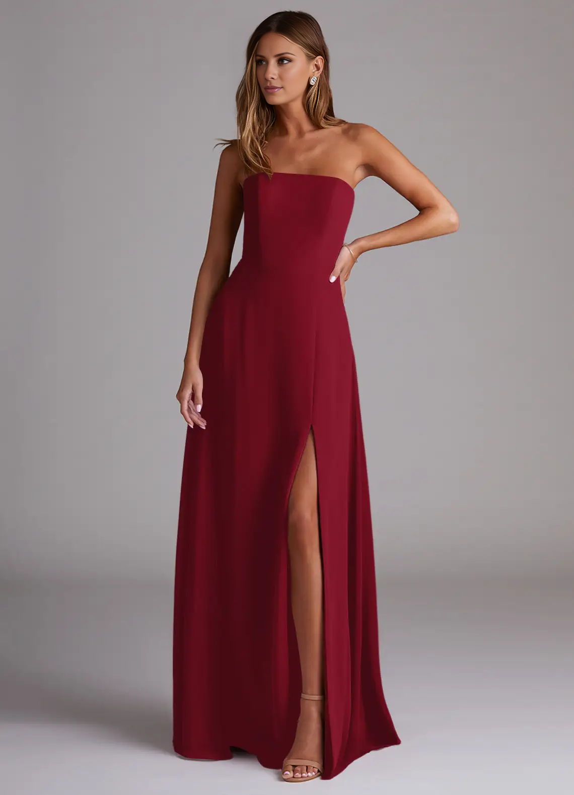 Abito da damigella d'onore a trapezio con spacco laterale in chiffon e cucitura laterale, lunghezza al pavimento - Abito Jimiss 