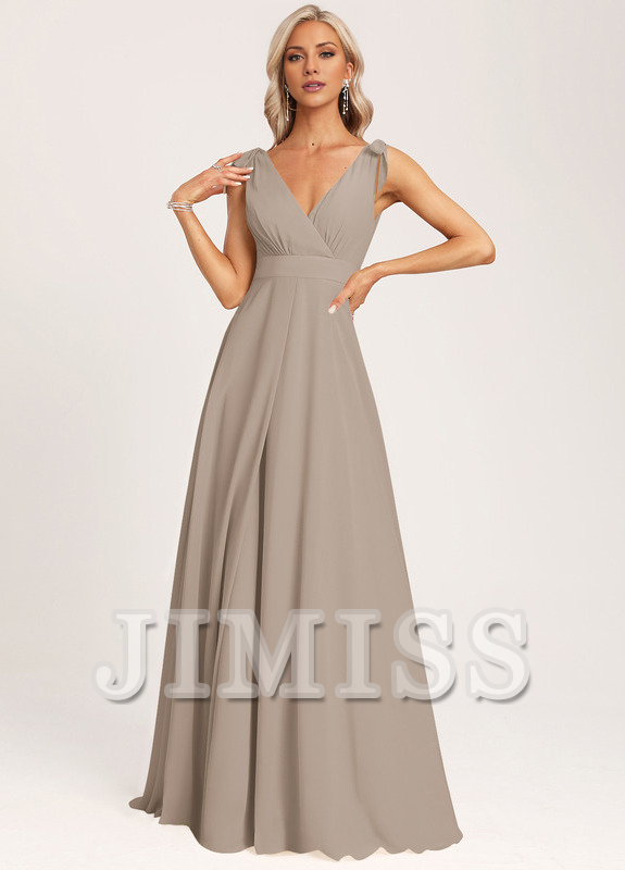 Vestido de dama de honor con escote en V y lazo de gasa en el fondo