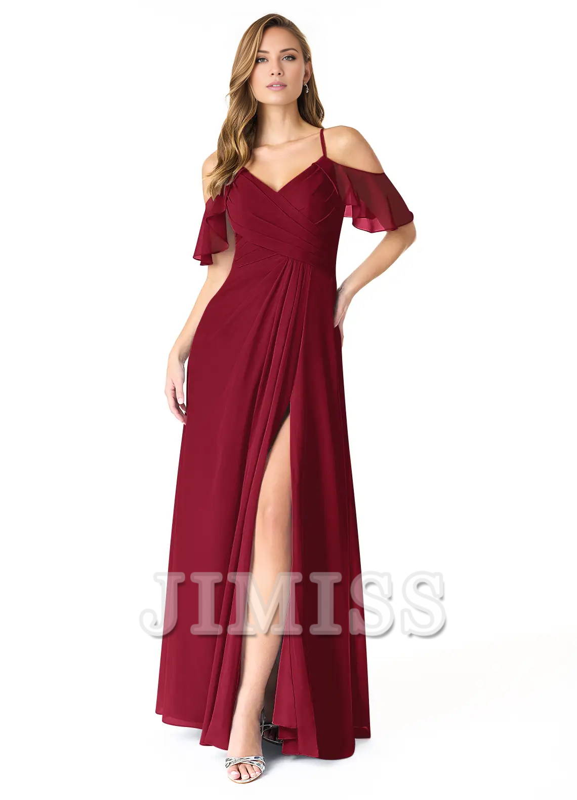 Vestido de dama de honor de gasa plisada con escote en V, corte A, abertura lateral y largo hasta el suelo - Vestido Jimiss 