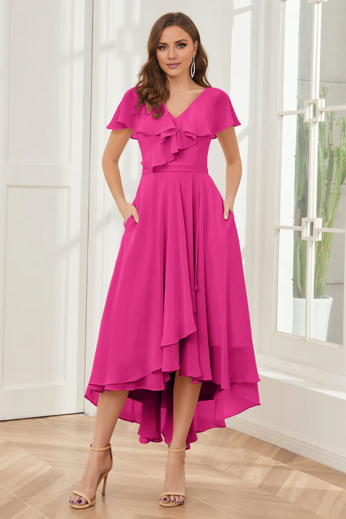 V-neck high-low short sleeved tea long bridesmaid dress