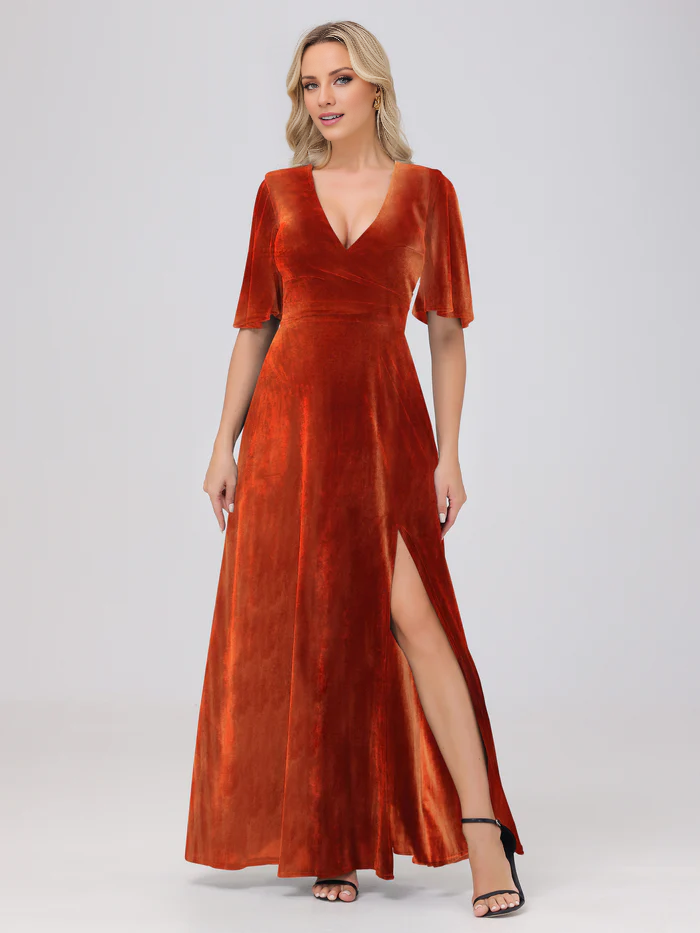 Abito da damigella d'onore in velluto con scollo a V, maniche corte e spacco, lunghezza al pavimento