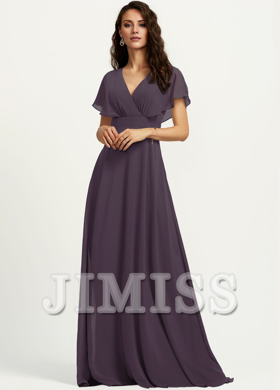 Abito da damigella d'onore in chiffon lungo fino al pavimento, con scollo a V e linea ad A