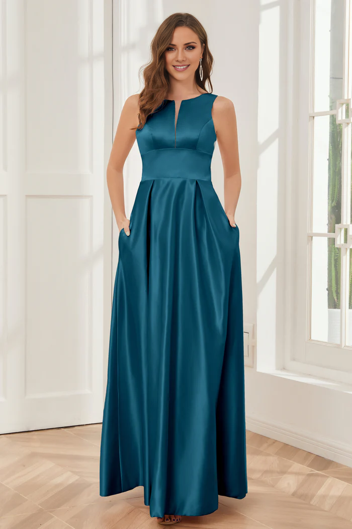 Abito da damigella d'onore a trapezio, senza maniche, in raso, lungo fino al pavimento