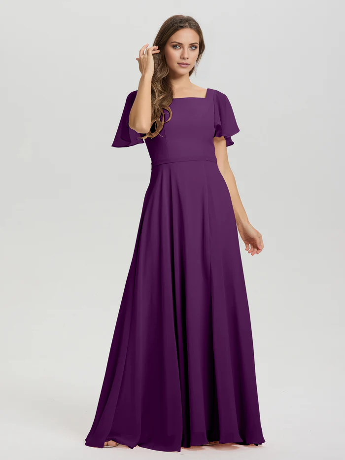 Vestido de dama de honor de gasa con cuello cuadrado, corte A, mangas cortas con volantes y largo hasta el suelo