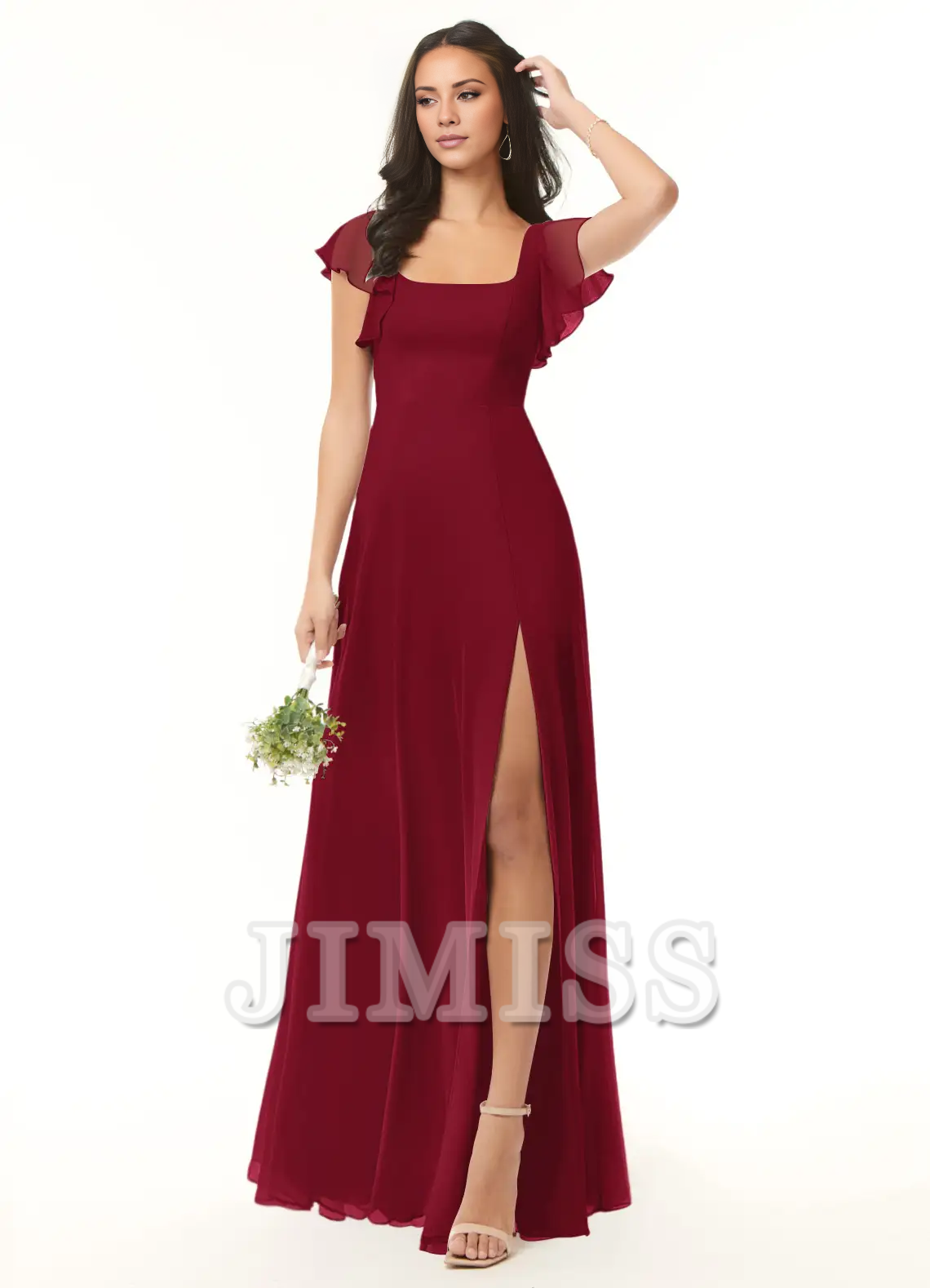 Abito da damigella d'onore lungo fino al pavimento, senza spalline, in chiffon plissettato a trapezio e senza schienale - Abito Jimiss