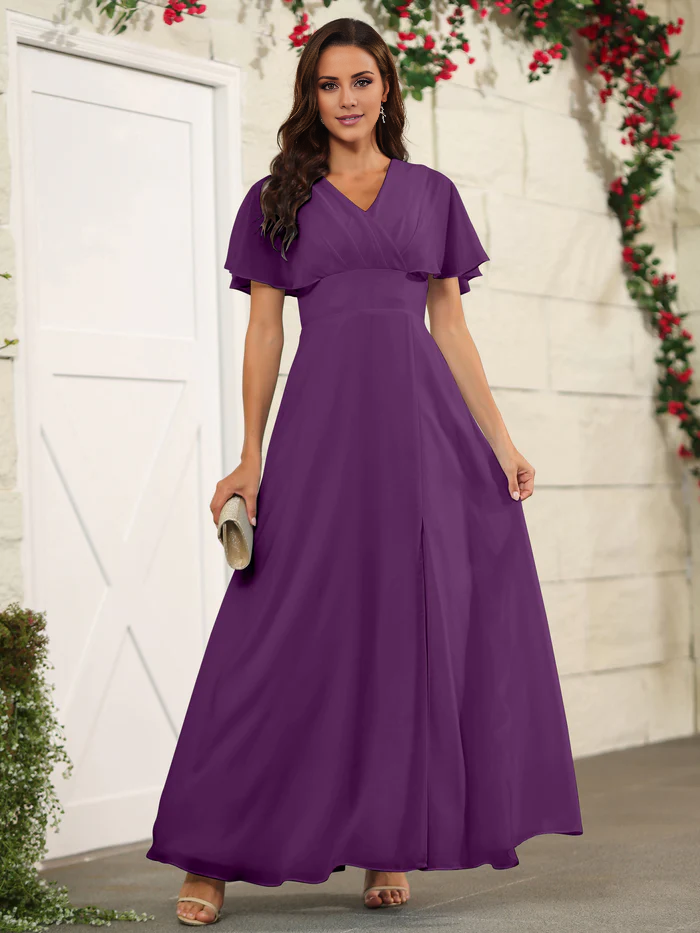 Chiffon short sleeved V-neck slit and floor length bridesmaid dress