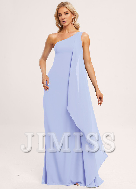 Vestido de dama de honor de gasa con volantes, corte A, un hombro al aire y largo hasta el suelo