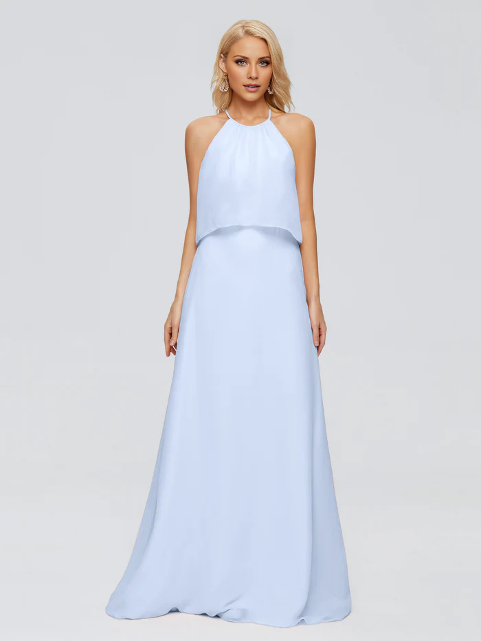 Vestido de dama de honor largo hasta el suelo en gasa con escote halter