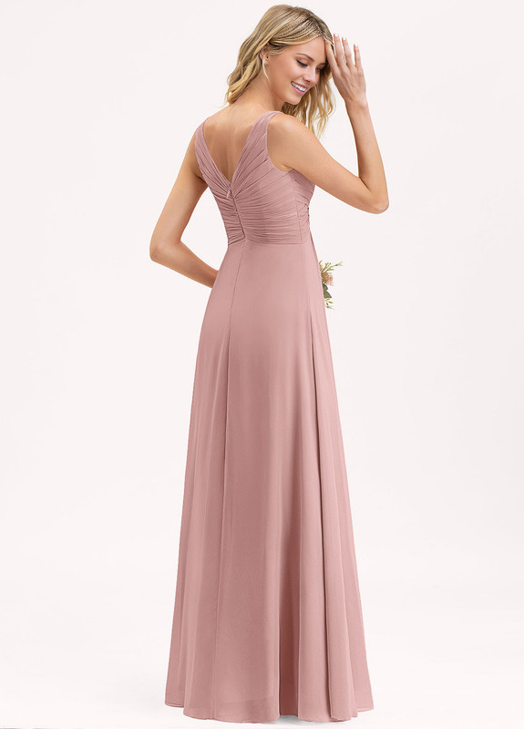 Abito da damigella d'onore in chiffon plissettato, lungo fino al pavimento, con scollo a V e linea ad A