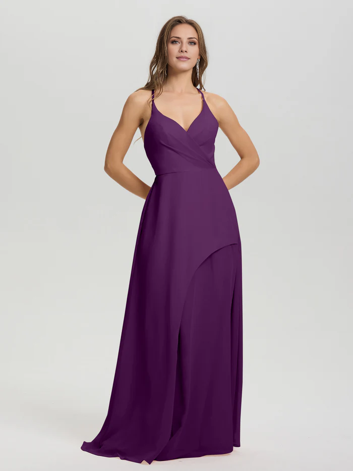 Shoulder strap V-neck backless long chiffon formal and floor length Bridesmaid dresses