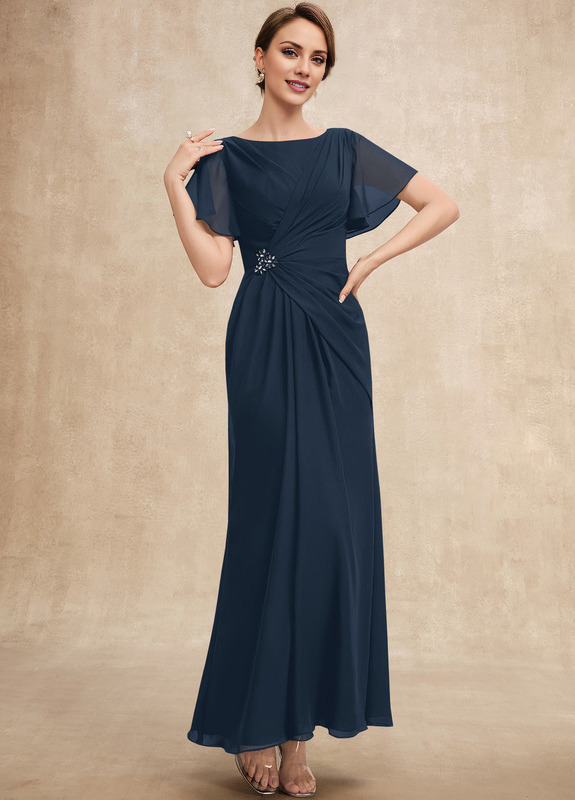 Beaded pleated A-line plunging ankle-length chiffon mother of the bride dress