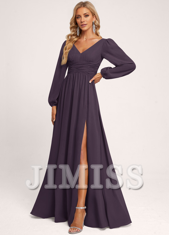 Dusty Blue Chiffon A-Line V-Neck Floor-Length Bridesmaid Dress with Ruched Bodice & High Slit
