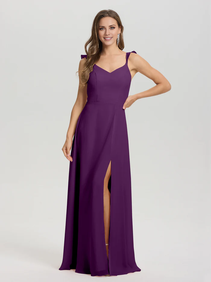 Vestido de dama de honor largo hasta el suelo con abertura en gasa con escote en V y tirantes anudados