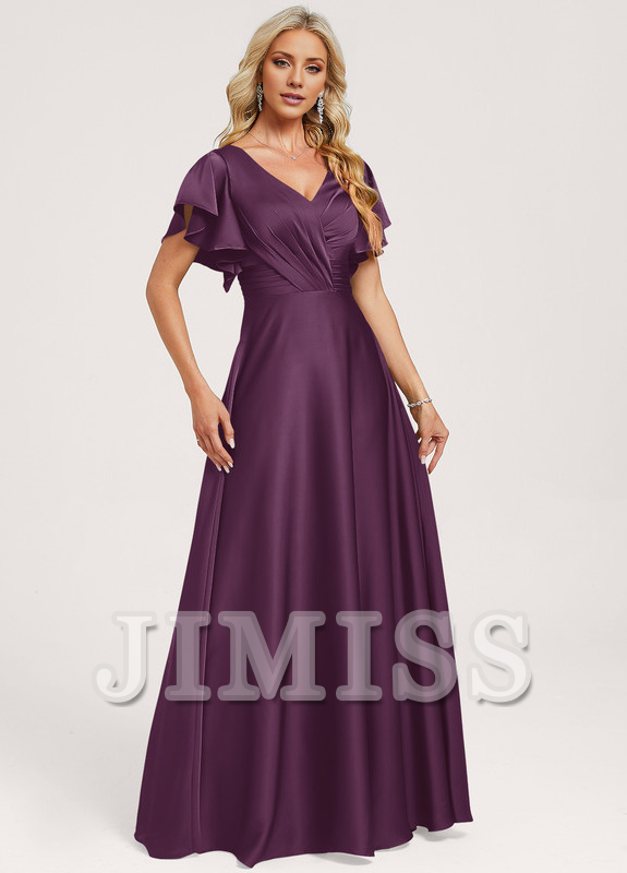 Vestido de dama de honor de satén con volantes, escote en V y largo hasta el suelo