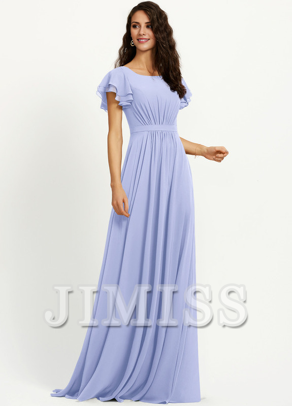 Vestido de dama de honor de gasa con escote redondo y volantes en forma de A