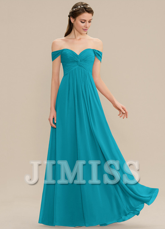 Vestido de dama de honor de gasa con volantes, corte A, hombros descubiertos y largo hasta el suelo