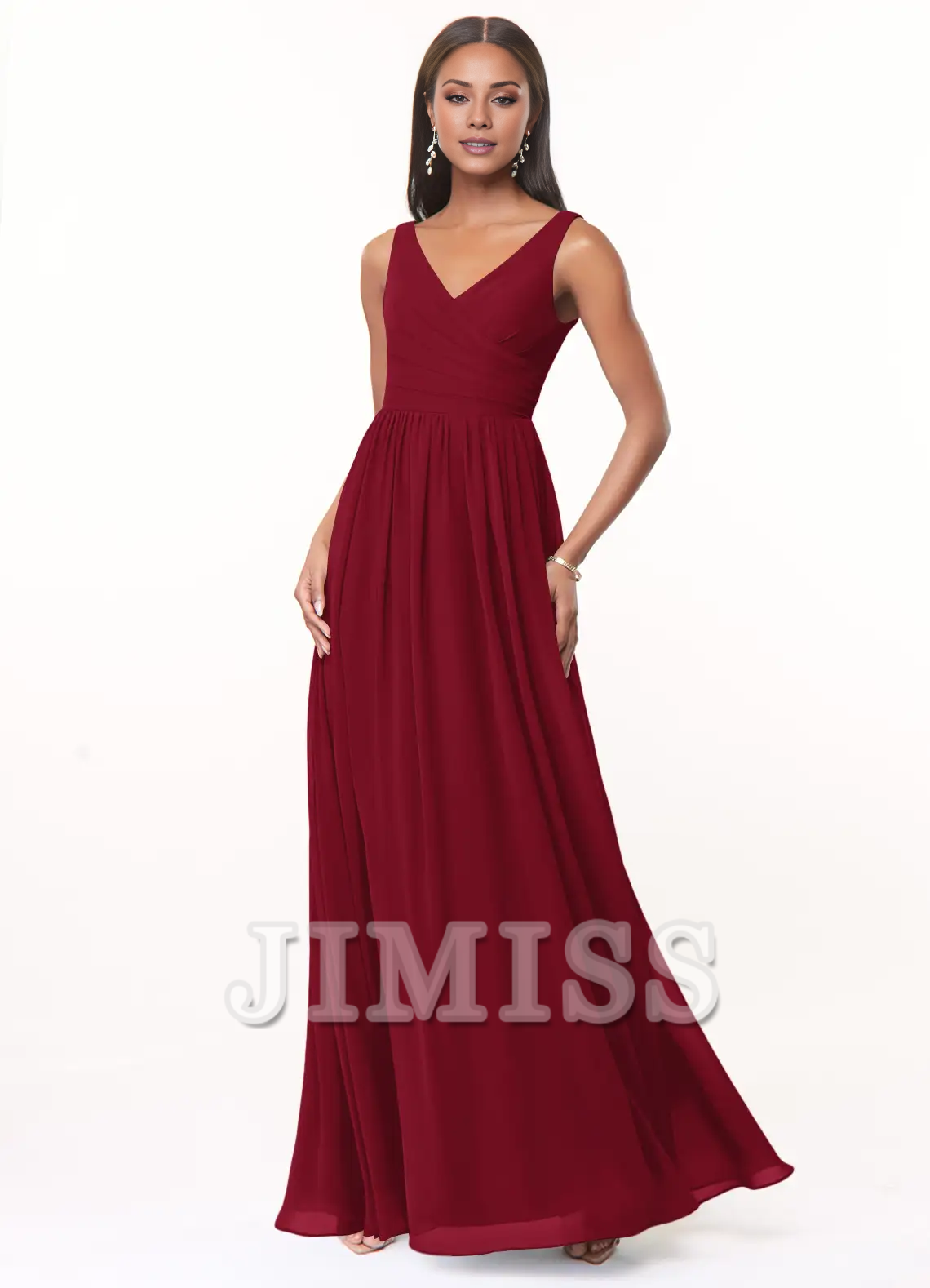 Vestido de dama de honor de gasa plisada con escote en V y corte A hasta el suelo - Vestido Jimiss 