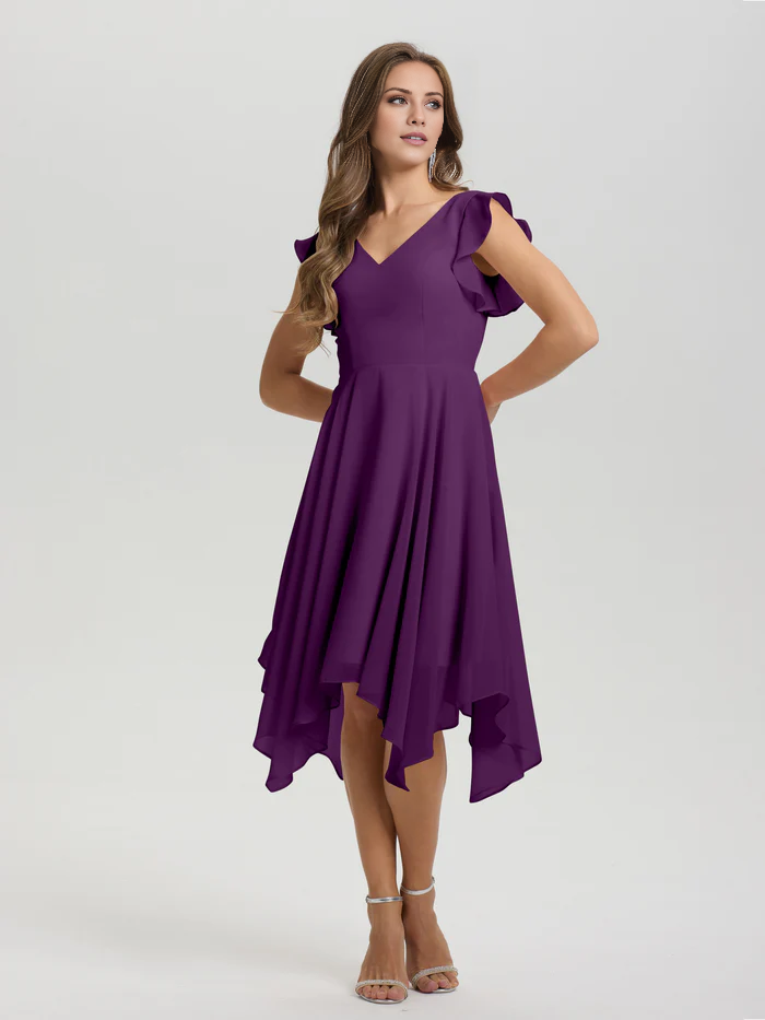 Lotus leaf edge sleeve V-neck asymmetrical tea long chiffon tea long bridesmaid dress