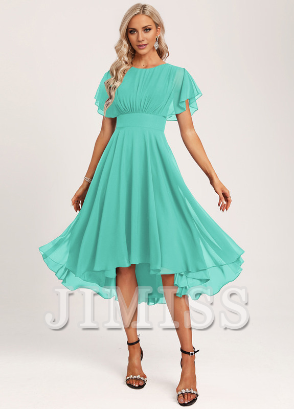 Vestido de dama de honor asimétrico de gasa con volantes, corte A y cuchara