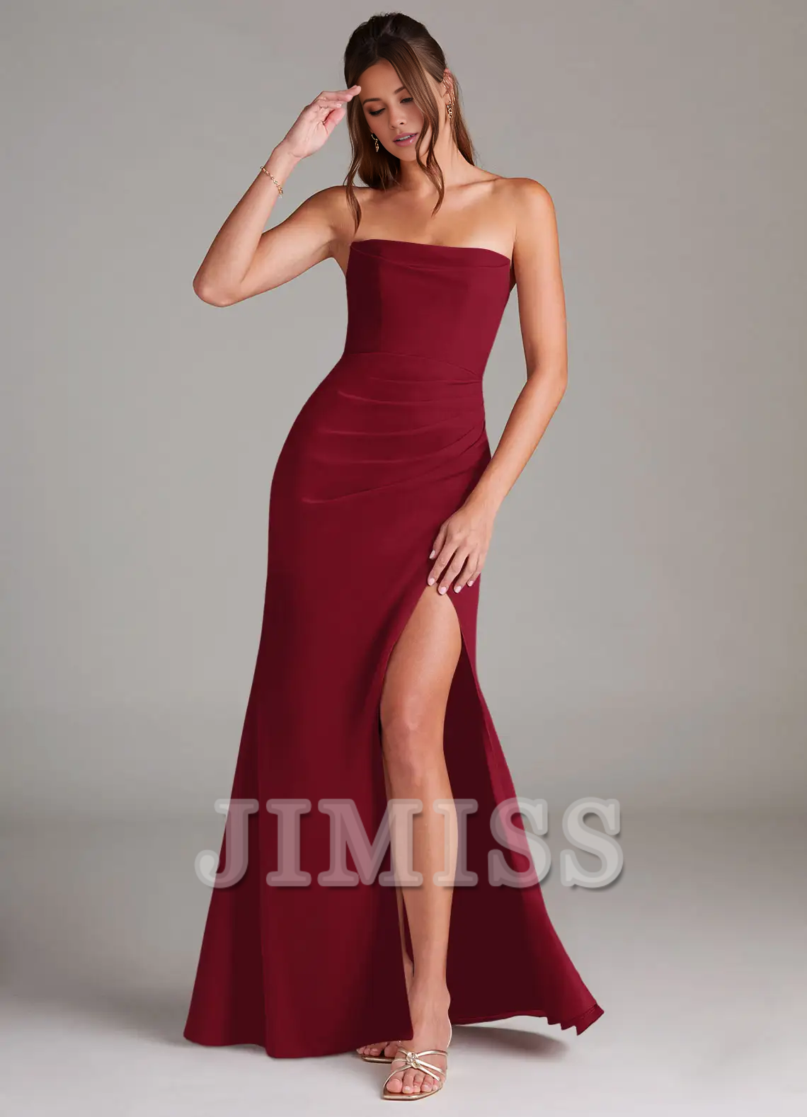 Vestido de dama de honor sin tirantes, con hombros descubiertos, abertura lateral, espalda descubierta y largo hasta el suelo - Vestido Jimiss 