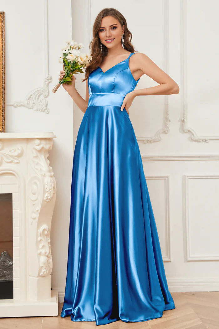 Vestido de dama de honor de satén suave, escote en V y tirantes finos hasta el suelo