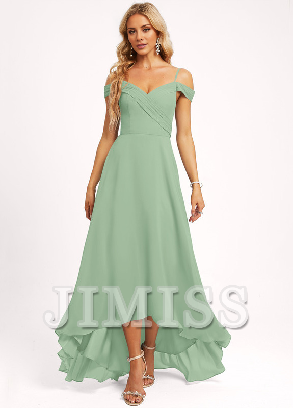Dusty Blue Chiffon A-Line Asymmetrical Sweetheart Dress with Draped Bodice and High-Low Ruffled Hem