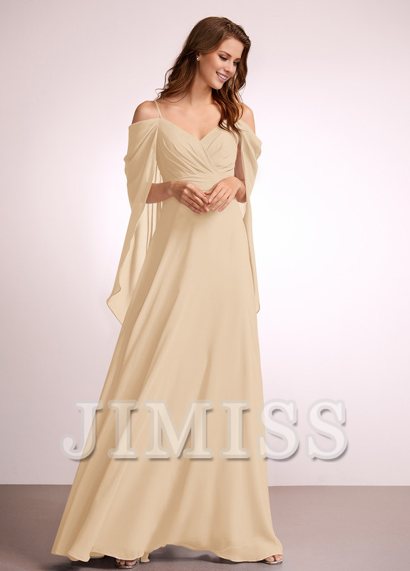 Abito da damigella d'onore in chiffon lungo fino a terra, con spalle scoperte e linea ad A