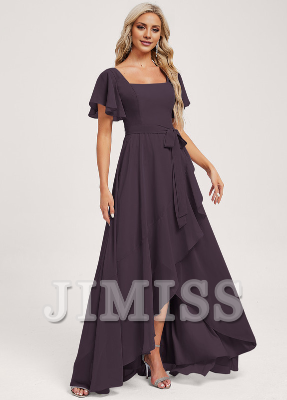 Vestido de dama de honor asimétrico de gasa con corte A y corte cuadrado