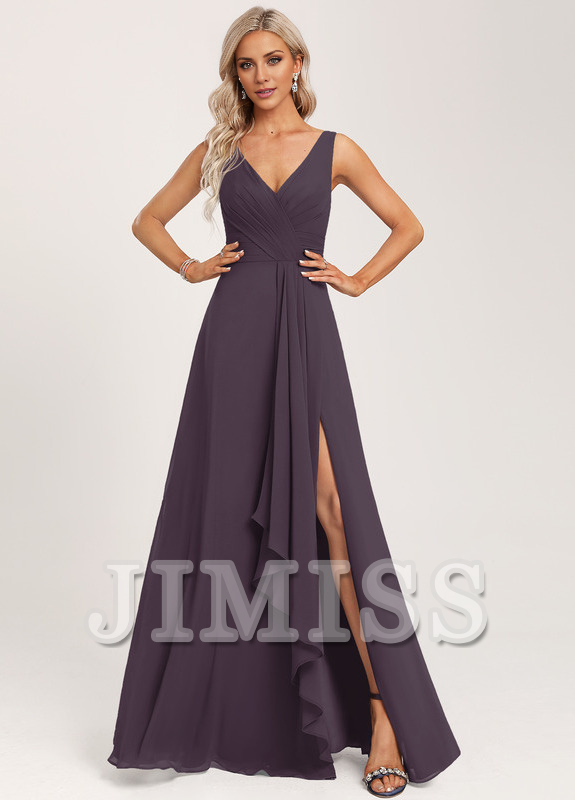 Vestido de dama de honor de gasa con volantes, escote en V y largo hasta el suelo