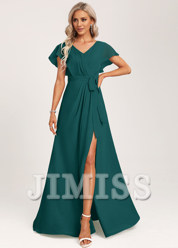 Vestido de dama de honor de gasa con volantes, escote en V y largo hasta el suelo