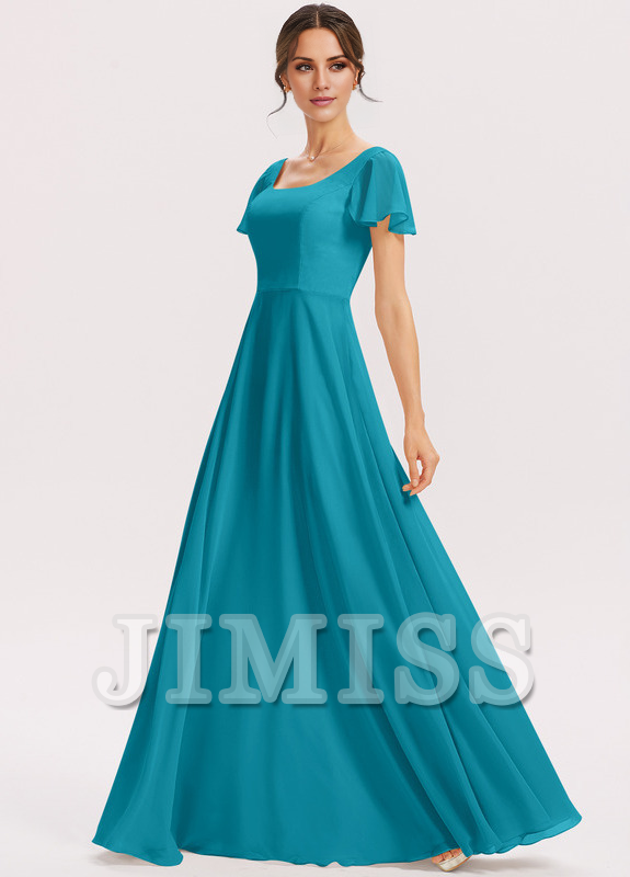 Vestido de dama de honor de gasa con volantes escalonados, corte A, cuadrado, largo hasta el suelo