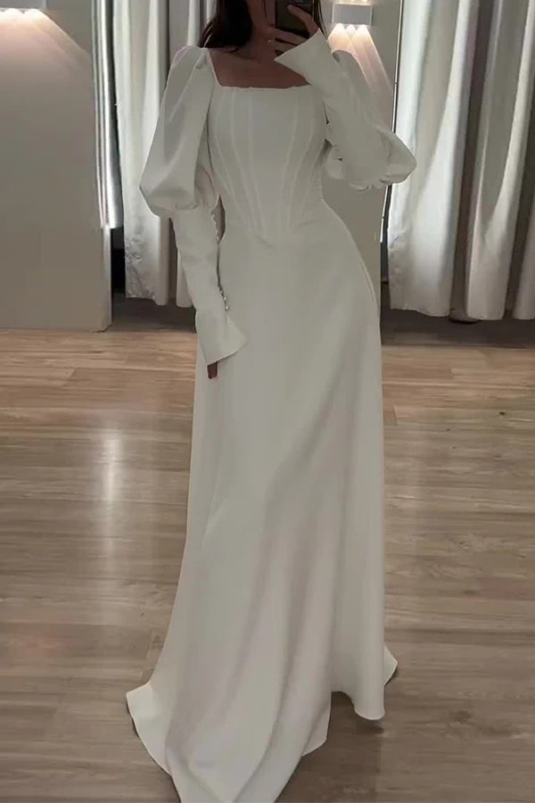 Elegante vestido de noche de cuello cuadrado con volantes en color liso