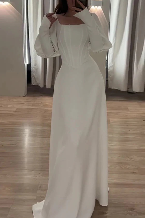 Elegante vestido de noche de cuello cuadrado con volantes en color liso