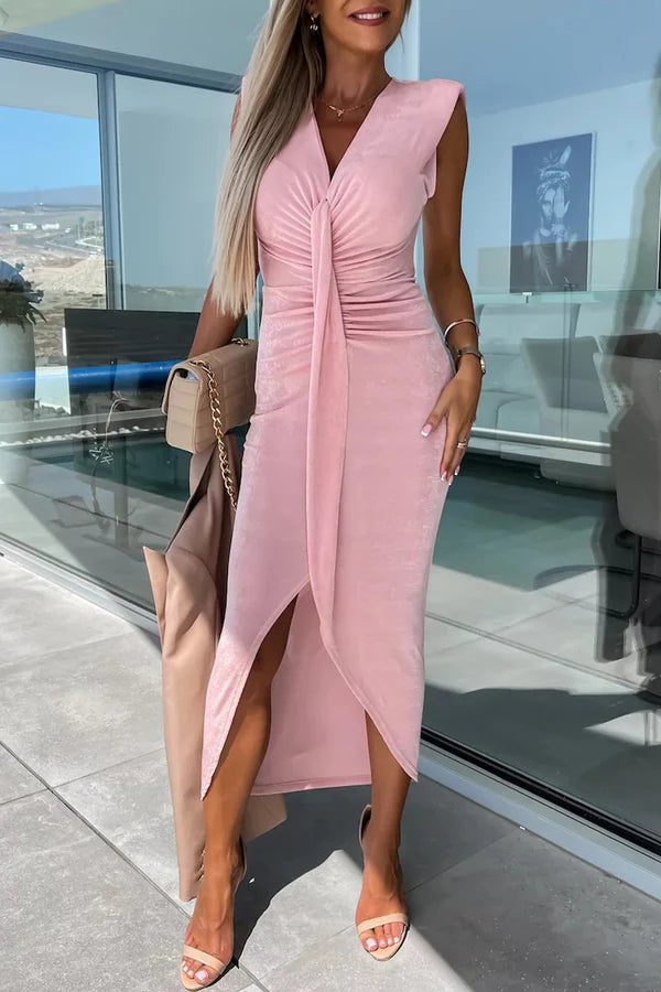 Vestido de noche irregular con escote en V plisado de color sólido sexy y minimalista