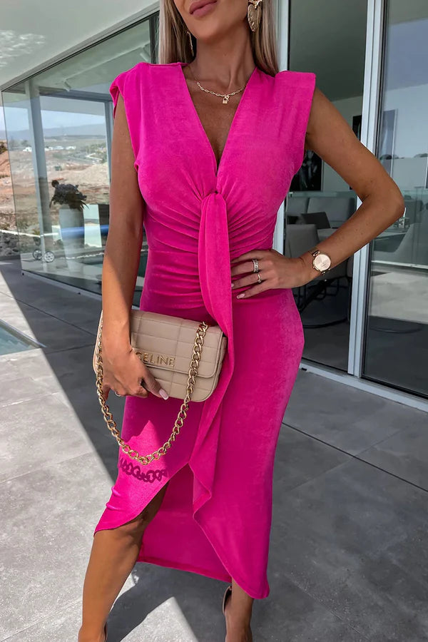 Vestido de noche irregular con escote en V plisado de color sólido sexy y minimalista