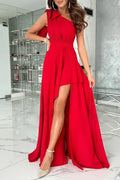Red Chiffon One Shoulder A-Line High-Low Evening Dress with Bow and Slit