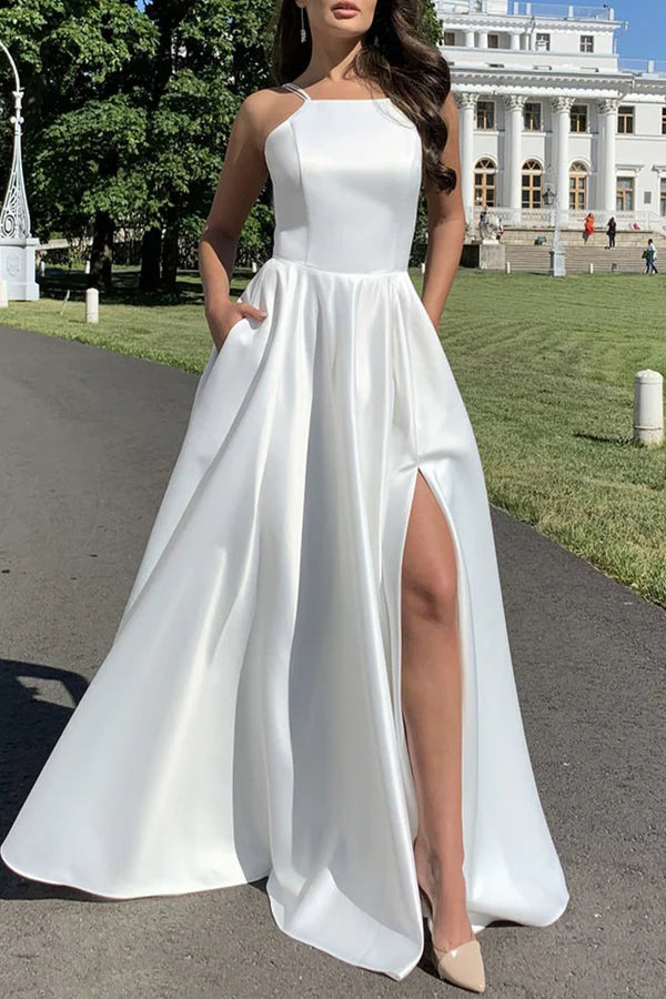 Bolsillo sexy de color sólido con correa de cuello cuadrado con abertura para vestirse de noche