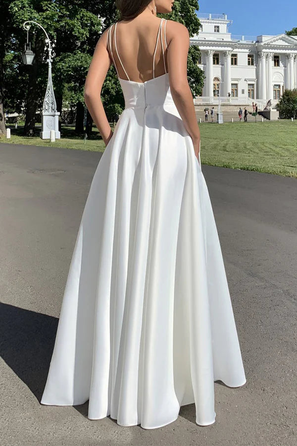 Bolsillo sexy de color sólido con correa de cuello cuadrado con abertura para vestirse de noche