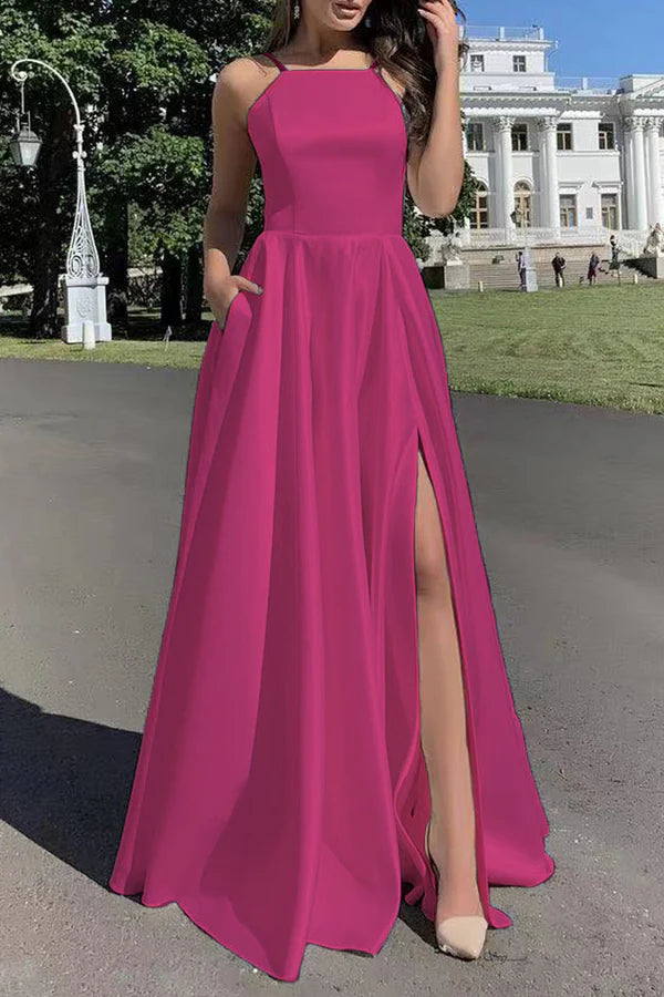 Sexy solid color pocket with slit square neck strap for evening dressing