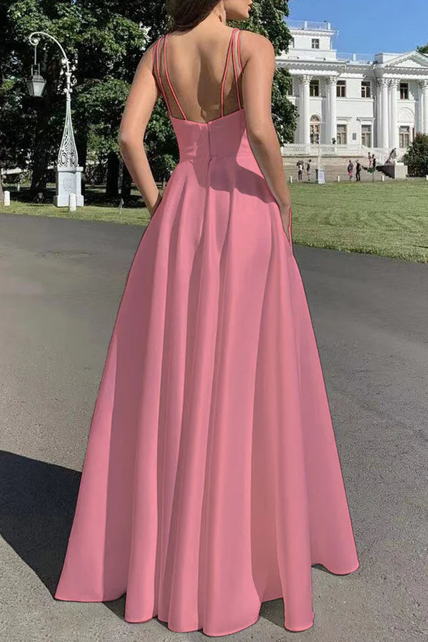 Sexy solid color pocket with slit square neck strap for evening dressing