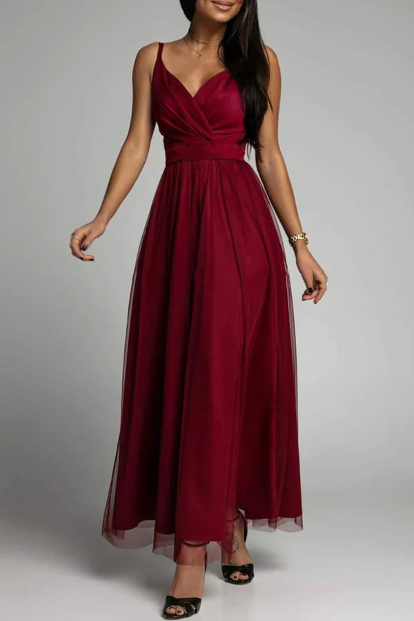 Elegant solid color patchwork V-neck A-line evening dress