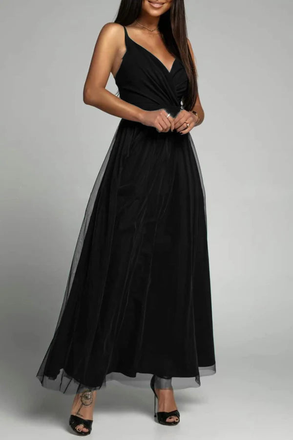 Elegant solid color patchwork V-neck A-line evening dress