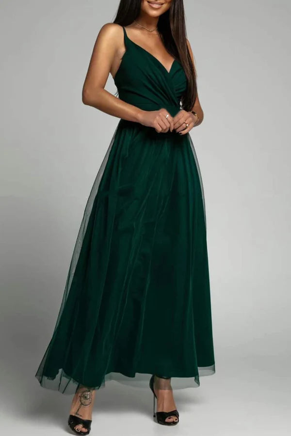 Elegant solid color patchwork V-neck A-line evening dress